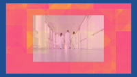 Three physicians, seen from behind, walk down a white hallway